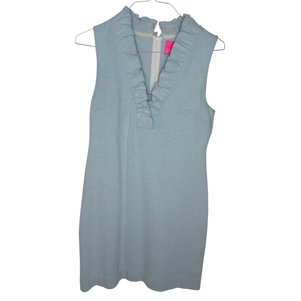 Lilly Pulitzer Striped Ruffle Collar Sleeveless Sheath Dress Medium‎ Blue White